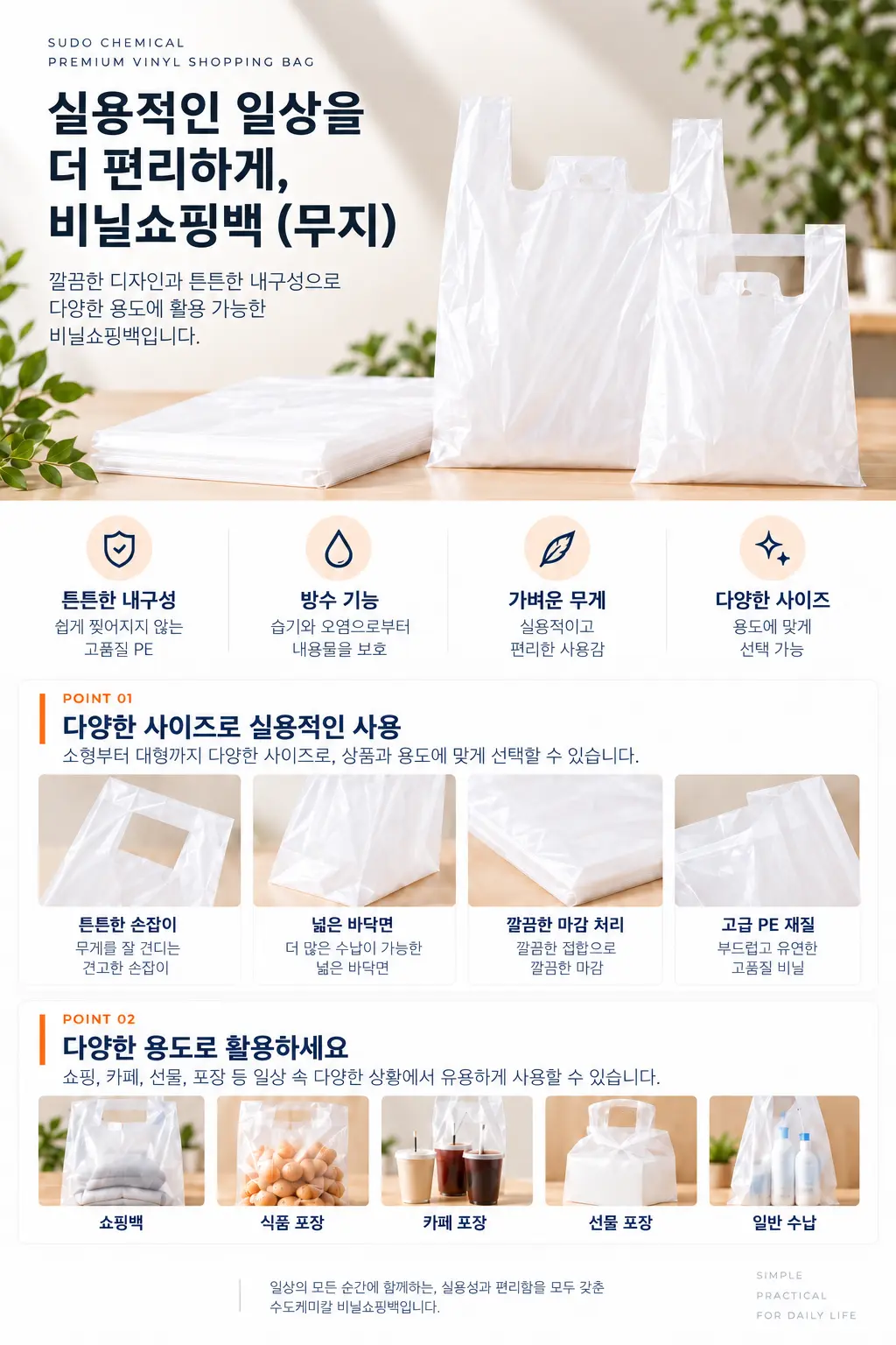 다양한 크기와 손잡이 형태의 무지 비닐쇼핑백 제품 안내