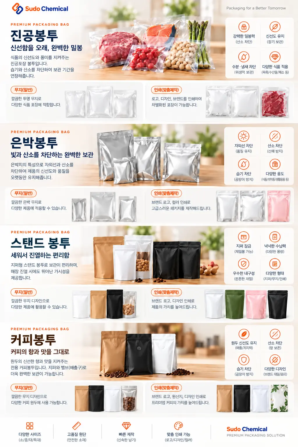 로고와 인쇄가 없는 무지 진공봉투와 은박봉투 제품 안내