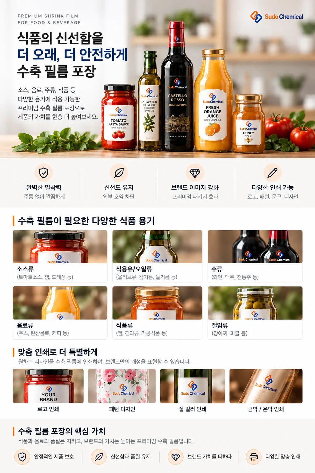 소스, 식용유, 주류, 음료와 식품 용기의 수축필름 포장 안내